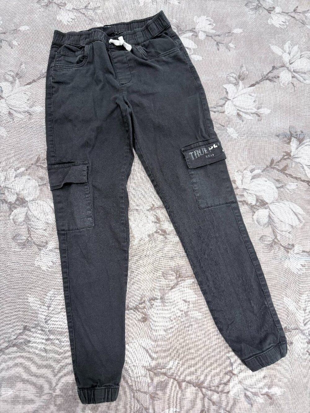 True Religion Black Cargo Jogger Pants Large Cotton Stretch Elastic Waist
